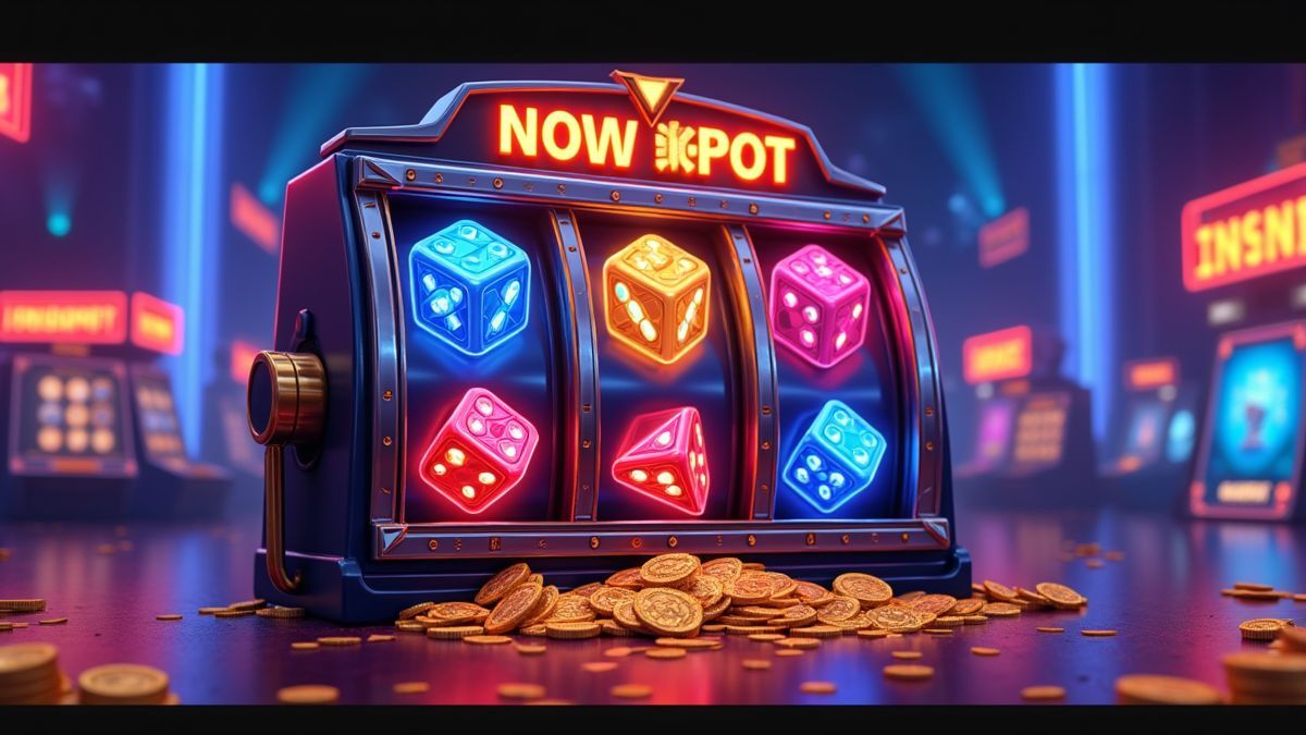 Animated dice-themed Rapid Rush slot machine with glowing grids and bonus wheel