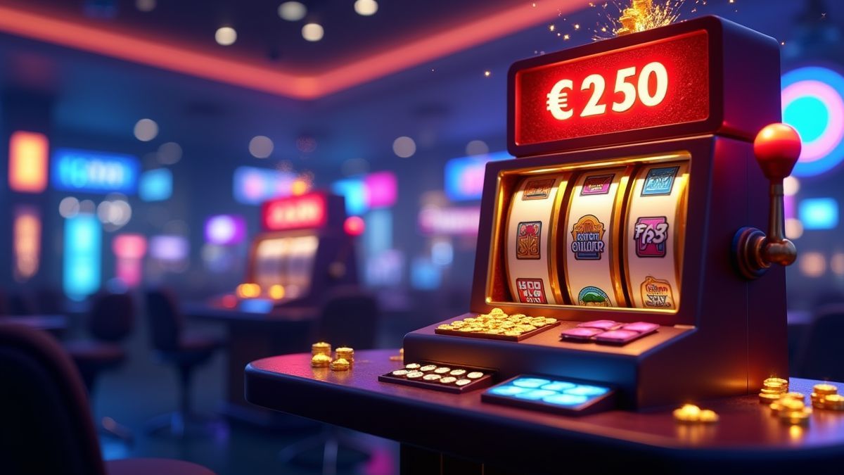 Animated progressive jackpot slot cabinet with dice and glowing bonus features