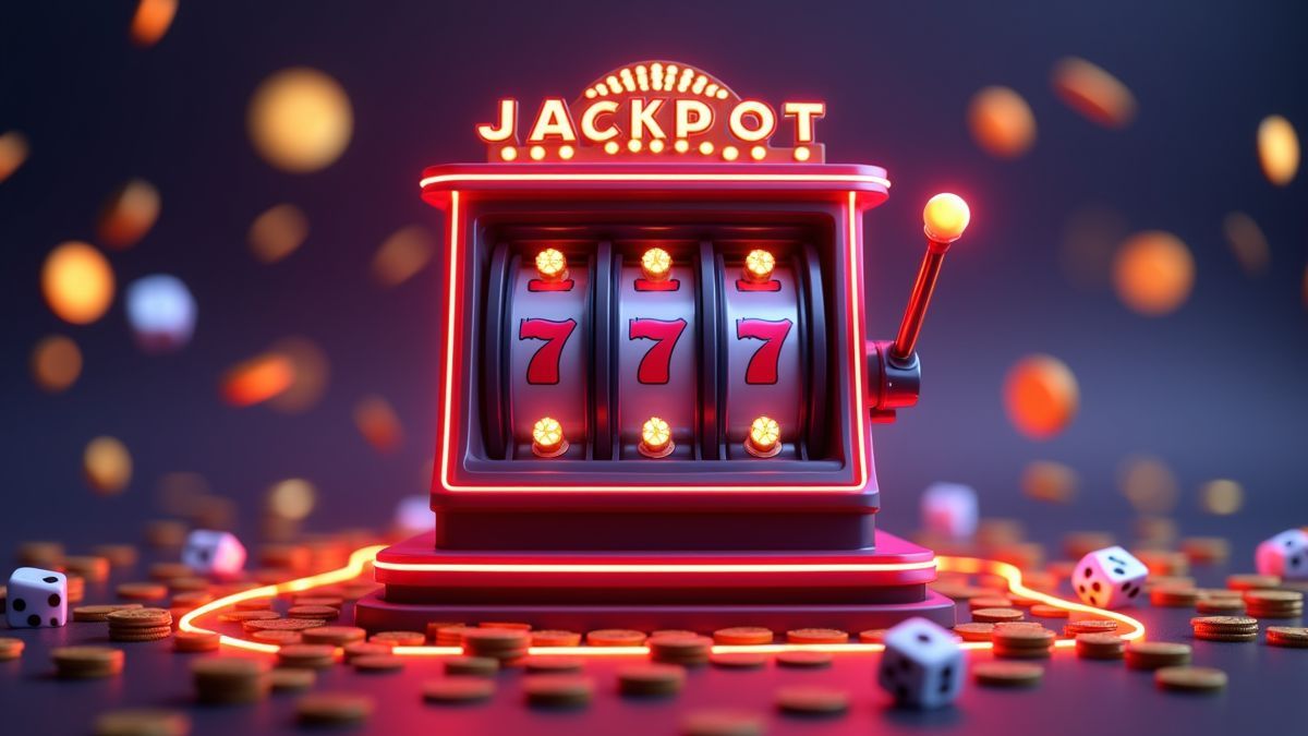 Animated casino slot with stake paths, dice symbols and progressive jackpot glow