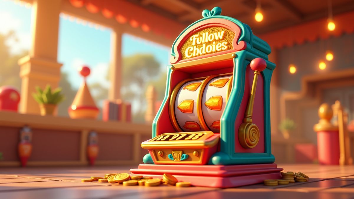 Animated summer-themed slot machine with dice and a small jackpot glow