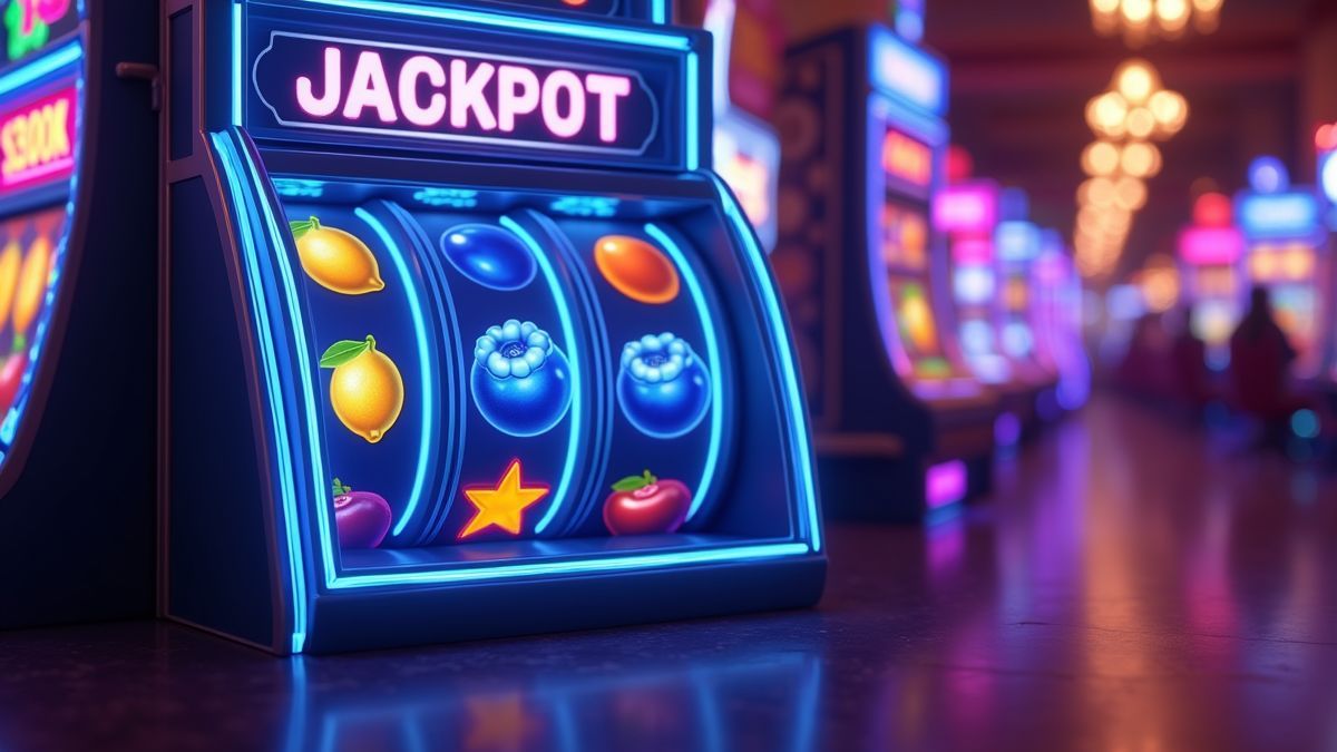 Máquina tragaperras Super BlueBerry animada con símbolos de arándanos brillantes e iluminación de jackpot