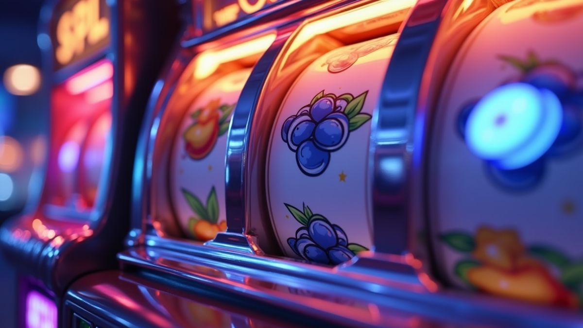 Mueble de slot de frutas estilo Pixar con arándanos, estrellas y brillo azul de jackpot