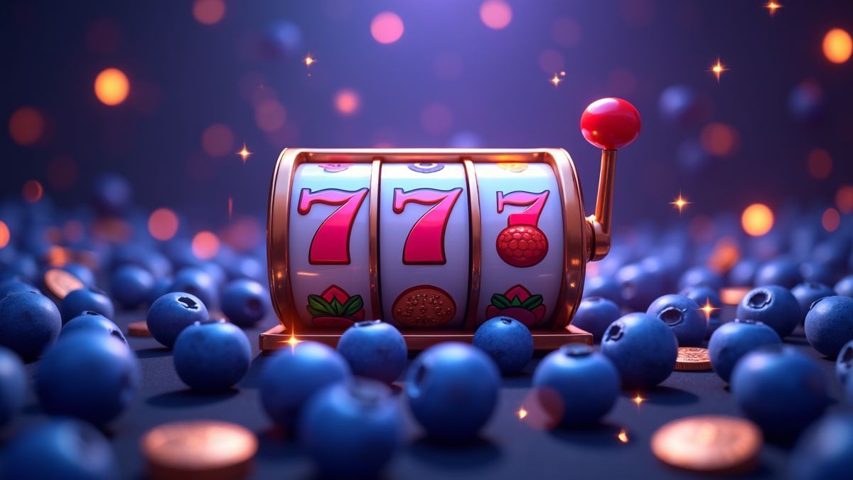 Tragaperras frutal animada con temática de arándanos rodeada de un resplandor de jackpot