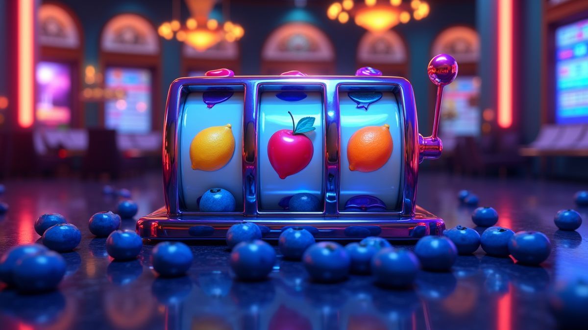 Máquina de slot Super BlueBerry animada com rolos de frutas brilhantes e luzes de jackpot
