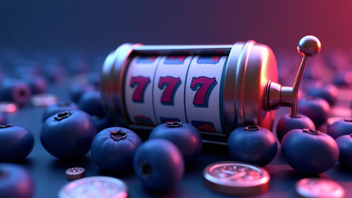 Máquina de slot animada com tema de mirtilos rodeada por luzes azuis de jackpot