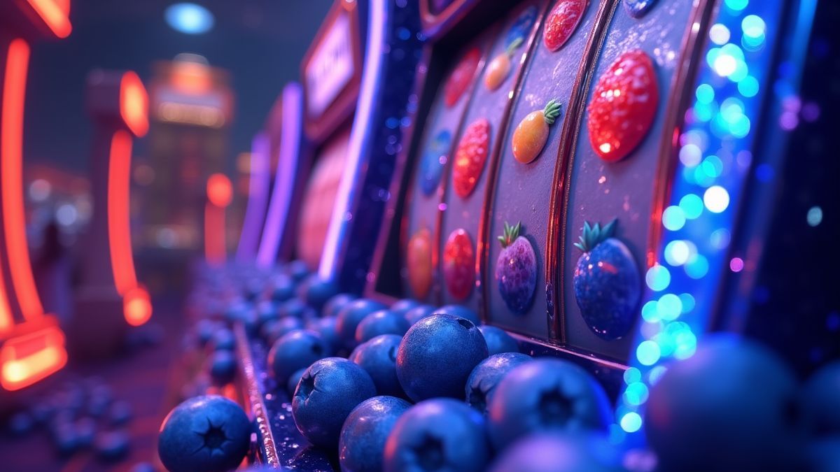 Cabina de tragaperras animada con temática de arándanos brillando en un casino