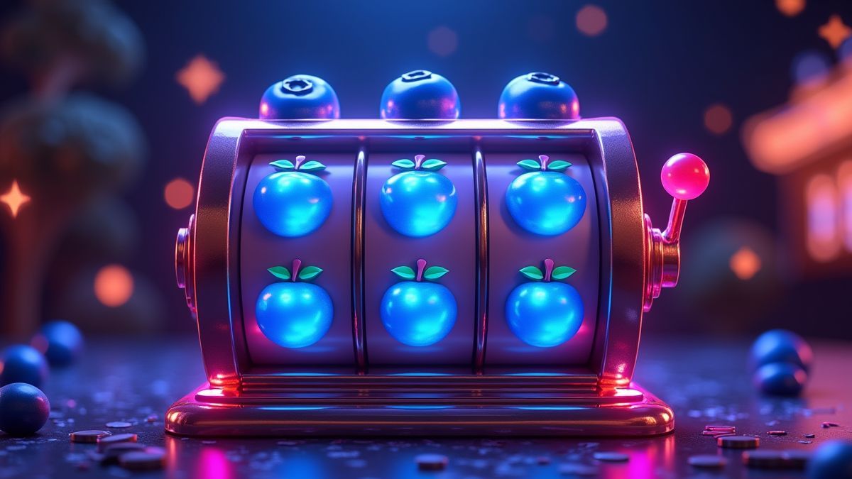 Máquina tragaperras animada de Super BlueBerry con símbolos de arándanos brillantes