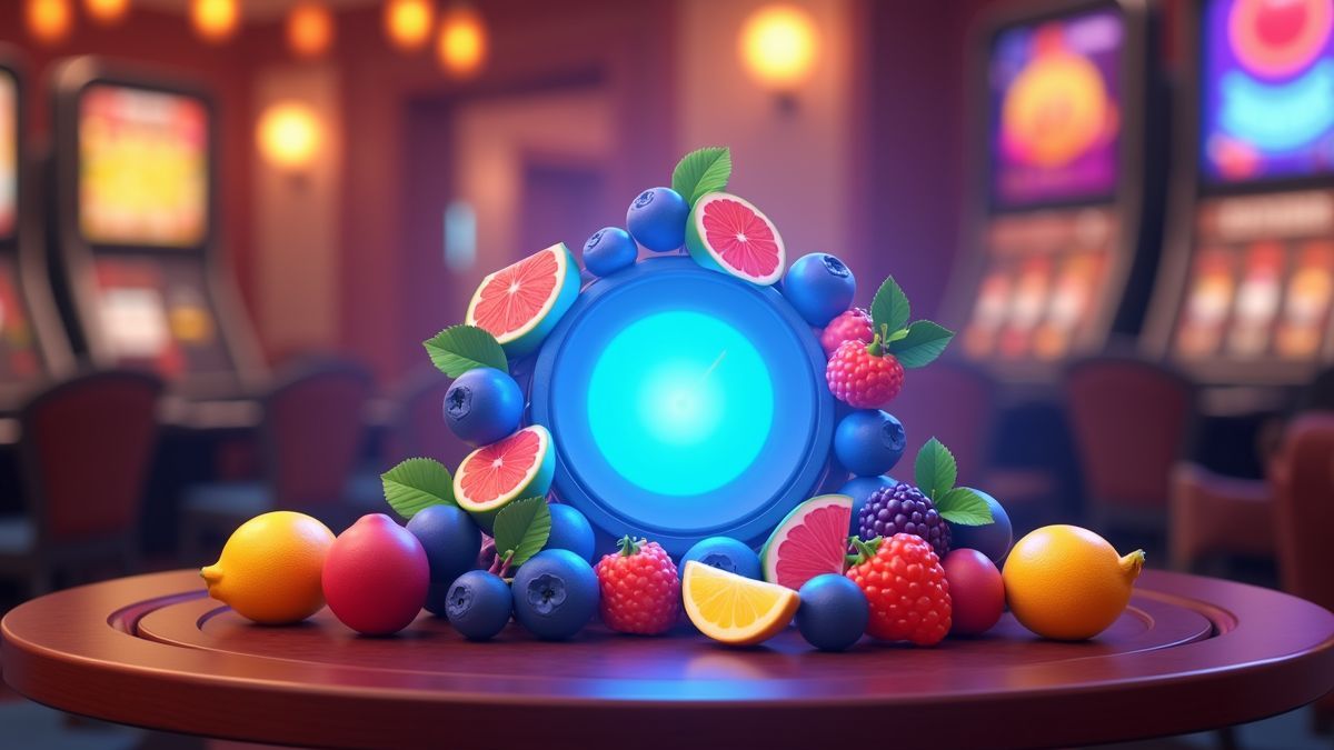 Máquina tragaperras animada Super BlueBerry con temática frutal y brillo azul de jackpot