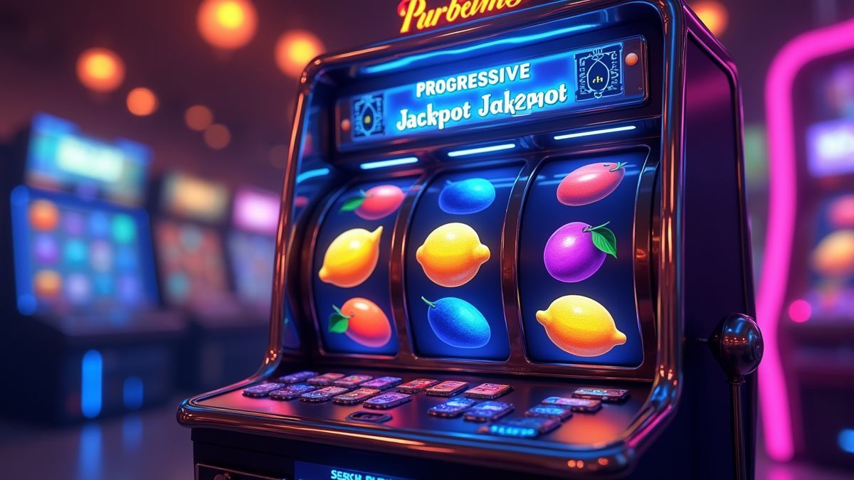 Máquina tragaperras animada de Super BlueBerry con carretes de frutas brillantes y luces de jackpot