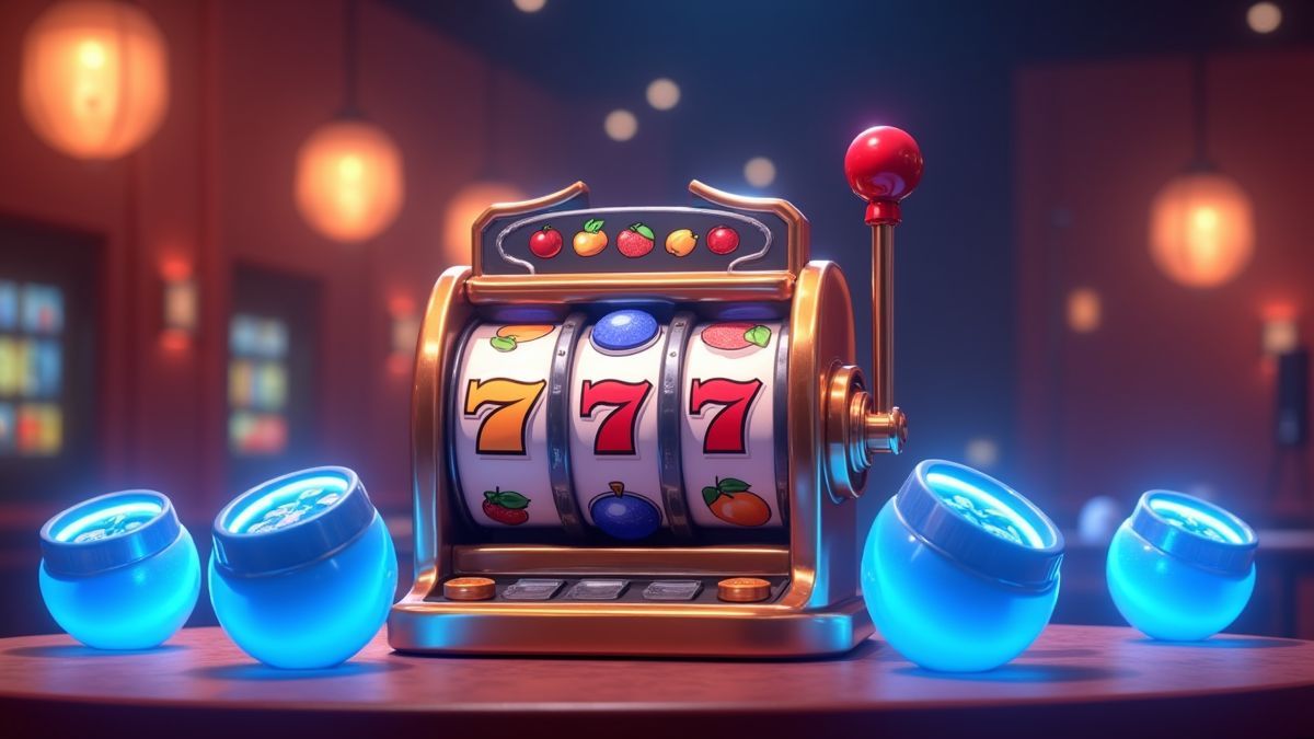 Máquina tragaperras animada de frutas rodeada de botes de jackpot azules independientes