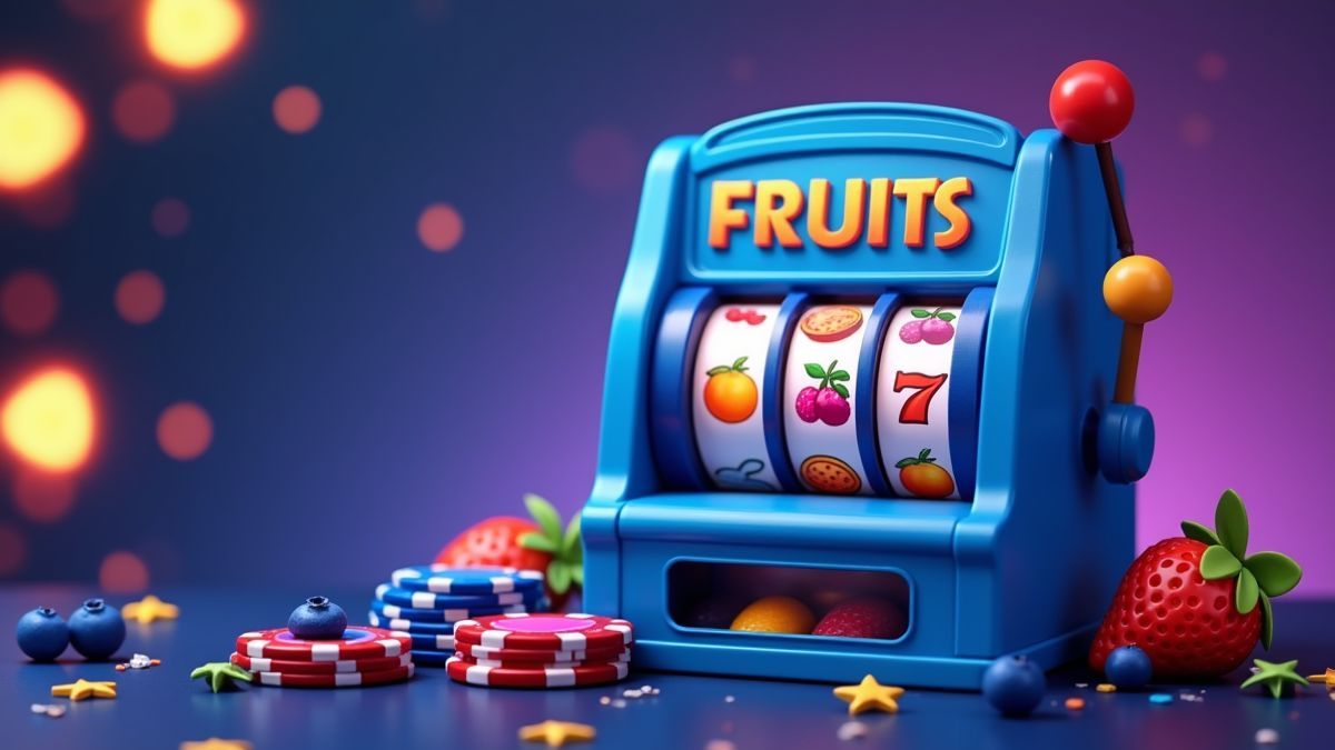 Máquina de slot animada com tema de mirtilos junto a fichas de casino