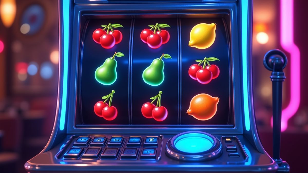 Máquina de slot Super BlueBerry animada com símbolos de frutas brilhantes e medidor de jackpot