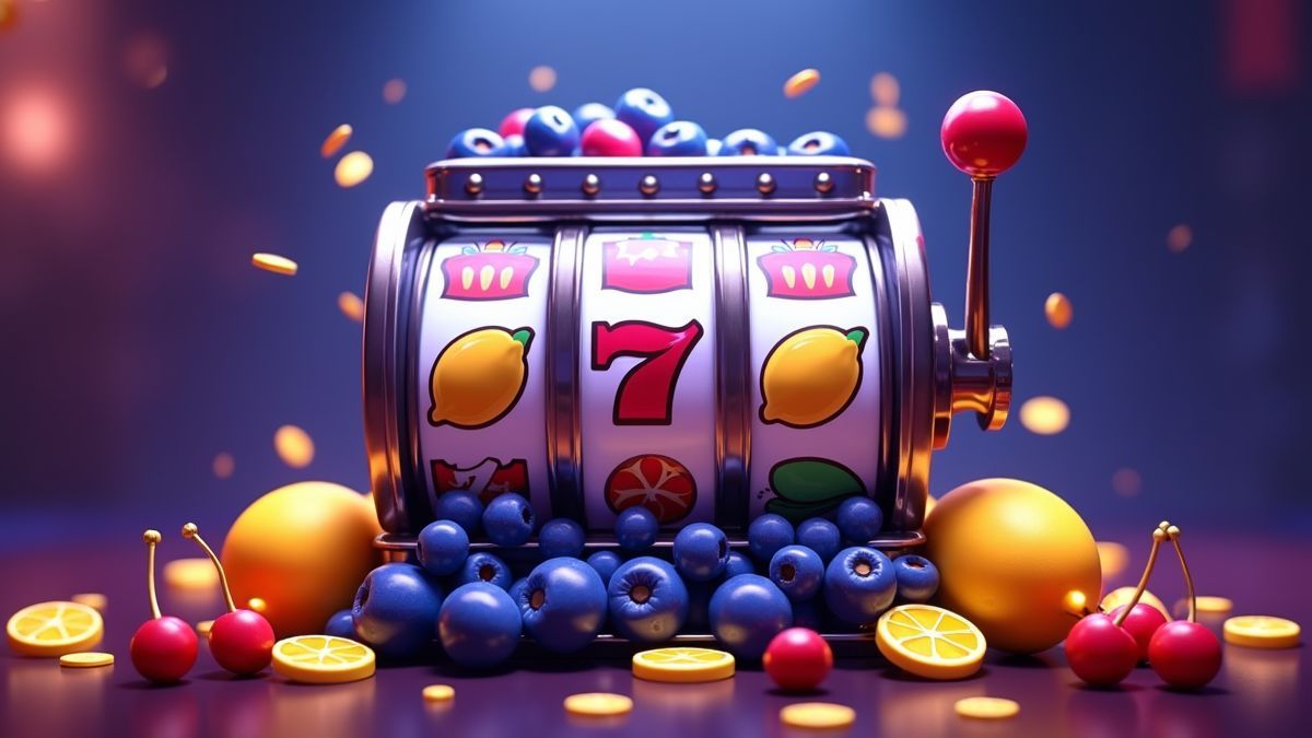 Máquina tragamonedas de frutas animada brillando junto a un efecto de jackpot progresivo