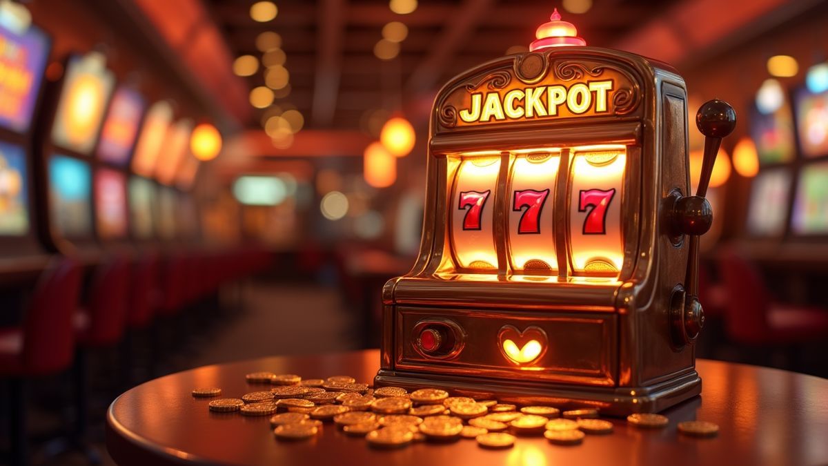 Máquina tragamonedas animada con temática de bronce, carretes brillantes y luces de jackpot