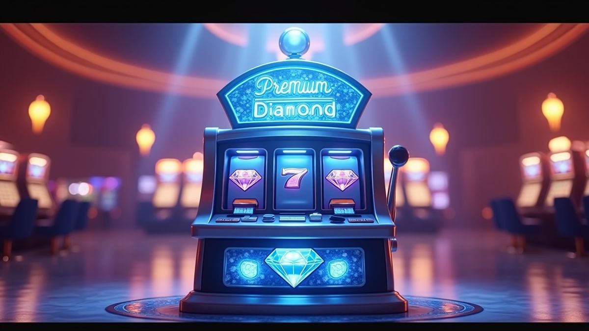 Tragaperras premium animada iluminada con efectos de jackpot de diamantes
