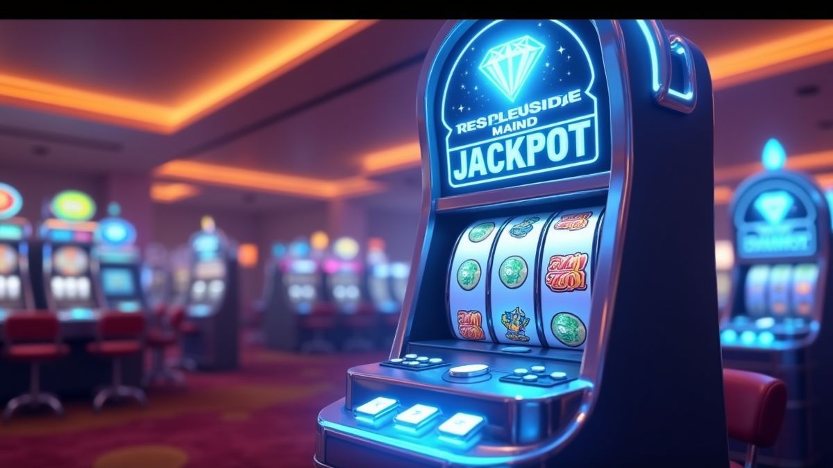 Tragaperras animada azul y plateada con iluminación de jackpot de diamantes