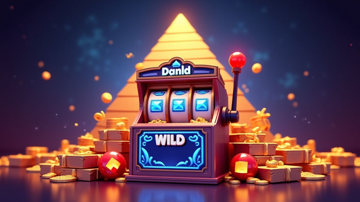 Terminal de tragamonedas animada con temática de pirámide e imágenes de Wild, multiplicadores y misterios