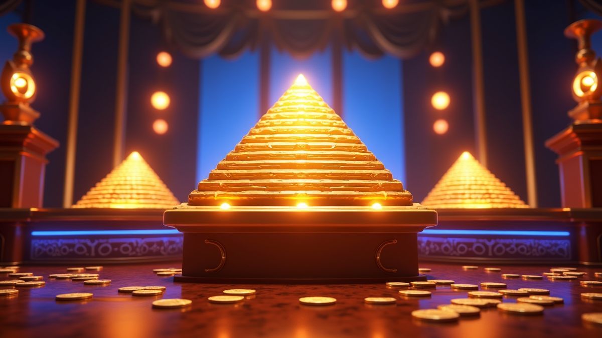 Tragaperras animada con temática de pirámide junto a un marcador de jackpot progresivo iluminado