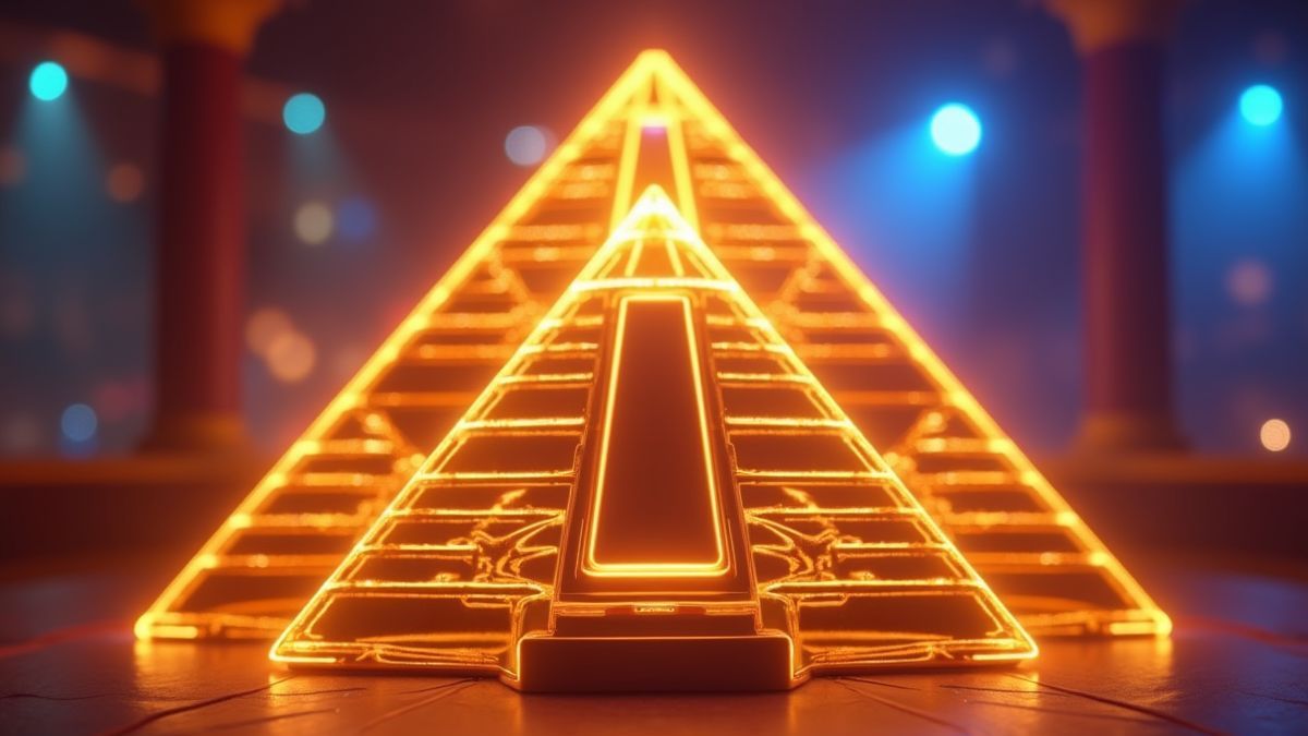 Tragaperras animada con temática de pirámide y efectos de jackpot brillantes