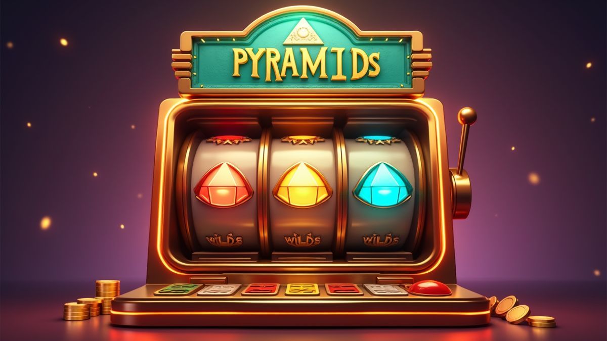Máquina tragaperras animada con temática de pirámide y un jackpot progresivo resplandeciente