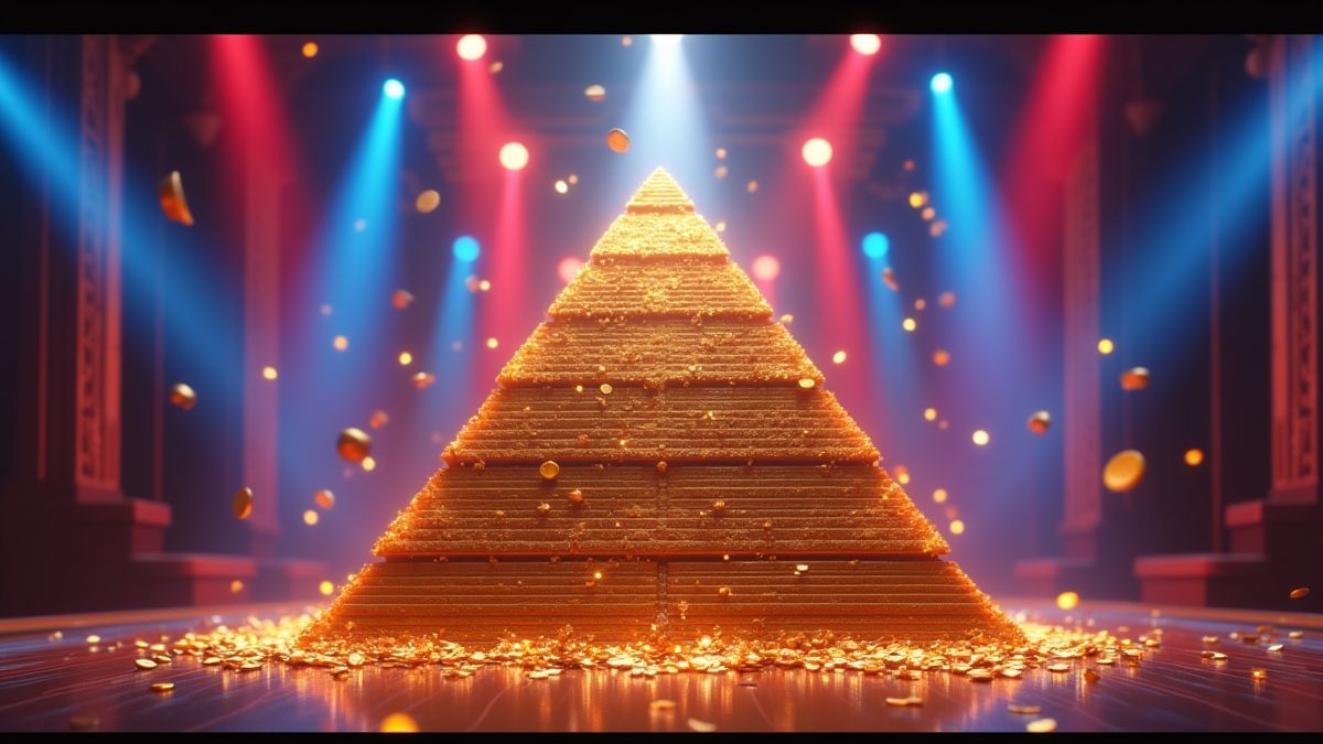 Pantalla animada del bonus de pirámide con efectos de jackpot coloridos