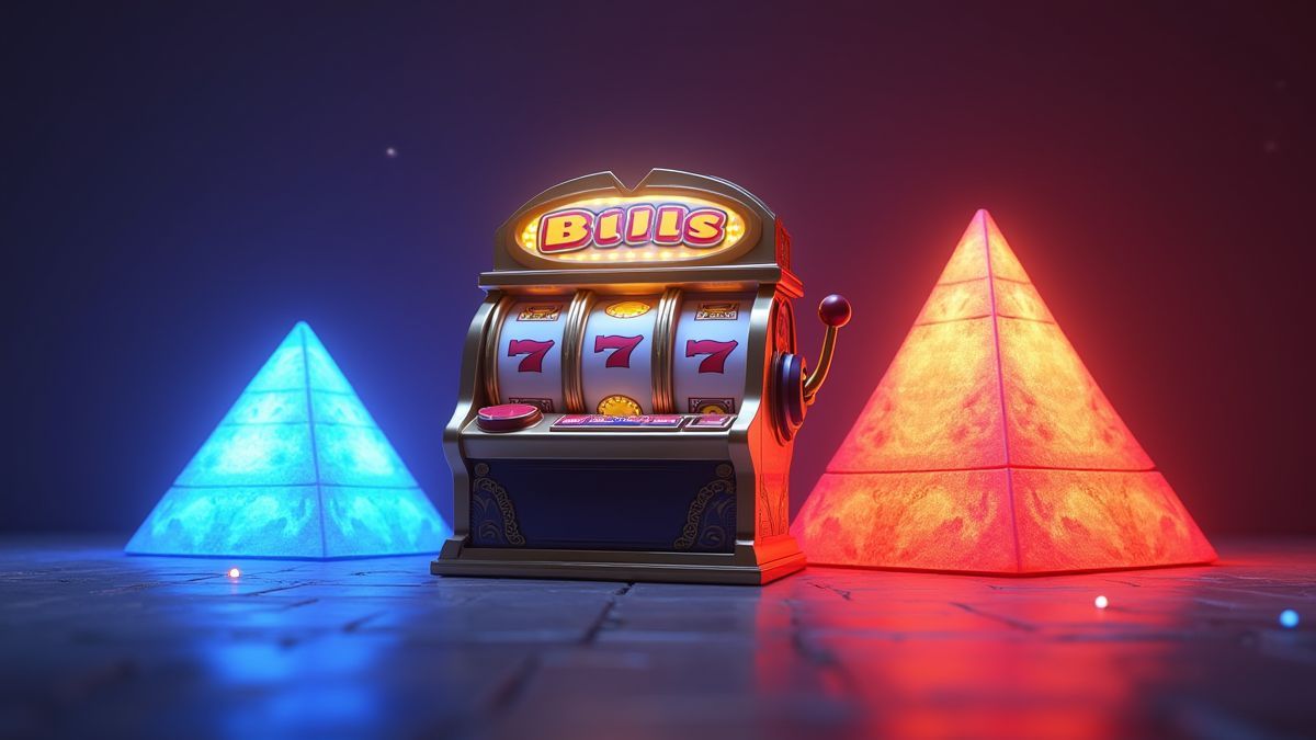 Escena animada del bonus de pirámide de Take It Or Not con tres pirámides de colores