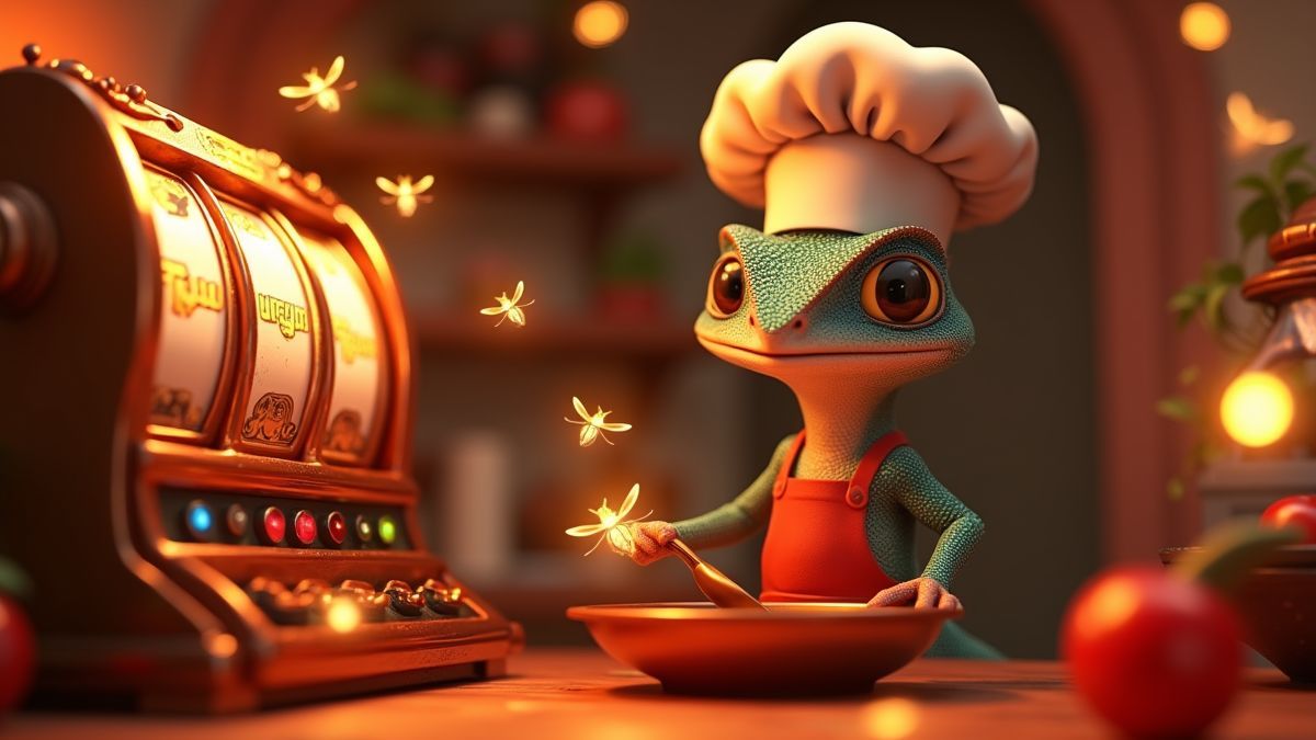 Máquina de slot com chef camaleão animado, detalhes de jackpot Copper e pirilampos brilhantes
