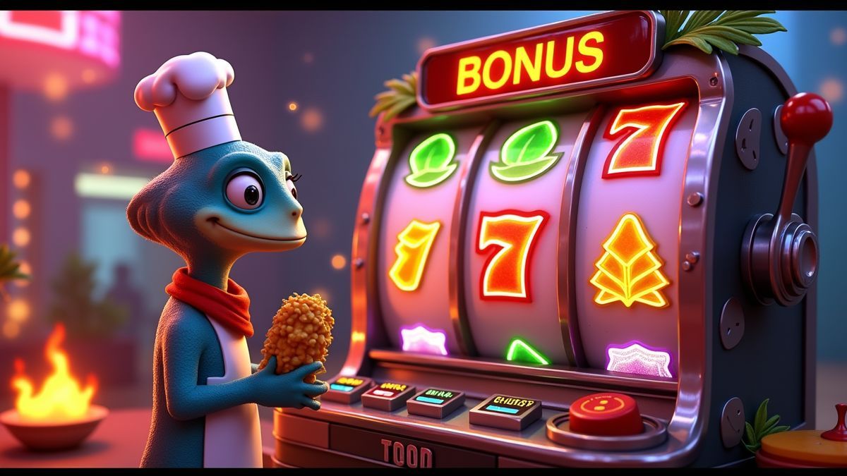 Cena animada de rodadas grátis e jackpot com pirilampos de Tiko Spicy Chef