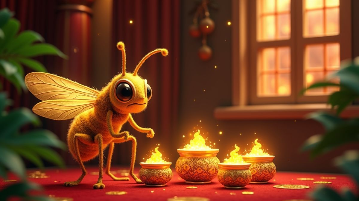 Animated golden insect jackpot pick feature beside a spicy kitchen slot machine