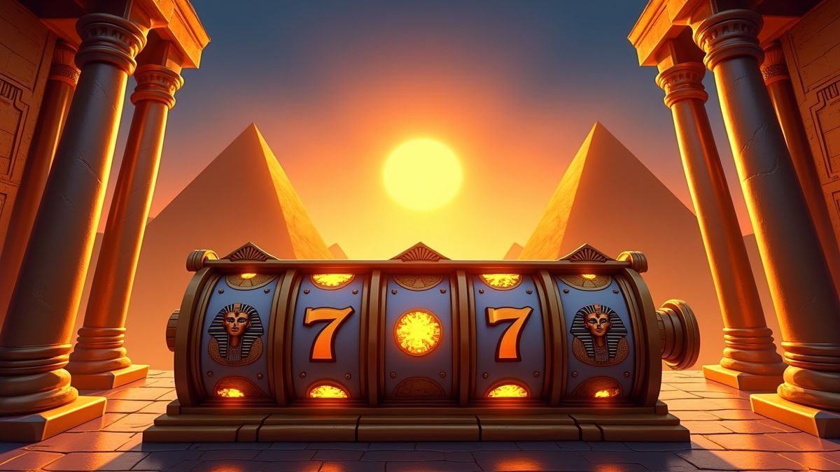 Animated Egyptian slot machine with pyramids and Nile-themed jackpot imagery