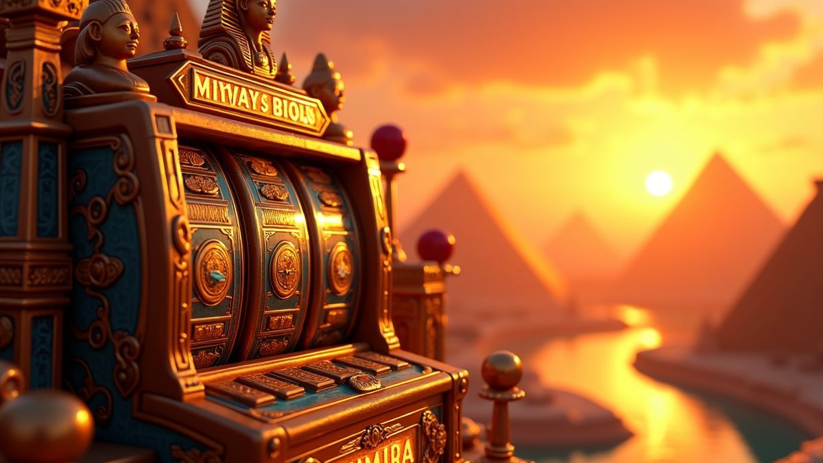Golden Egyptian slot cabinet beside sunset pyramids and the Nile