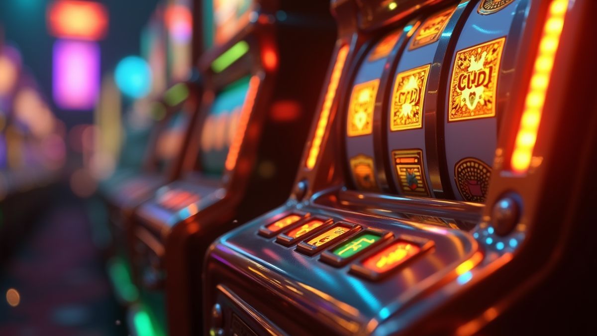 Animierte Pixar-artige Ansicht von Spielautomaten mit einem leuchtenden Major-Jackpot-Meter