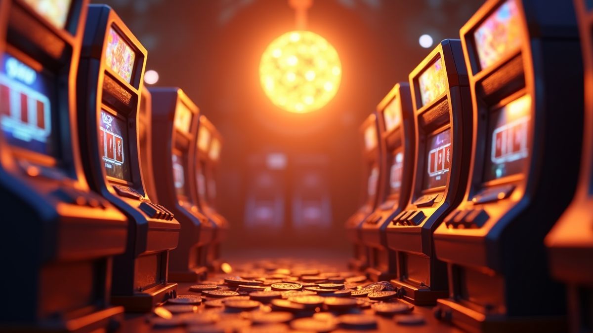 Pixar-ähnliche Animation von Spielautomaten und einer leuchtenden Jackpot-Kugel