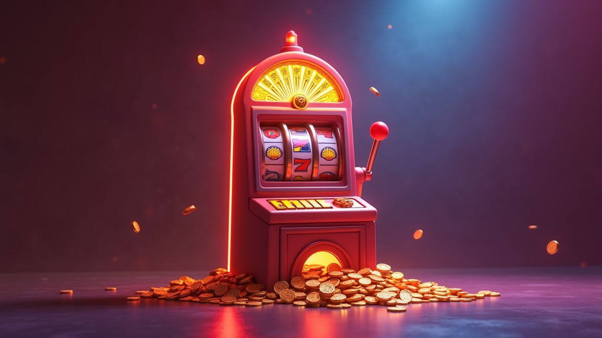Machine à sous animée avec roue bonus et pièces s'écoulant vers un coffre de jackpot