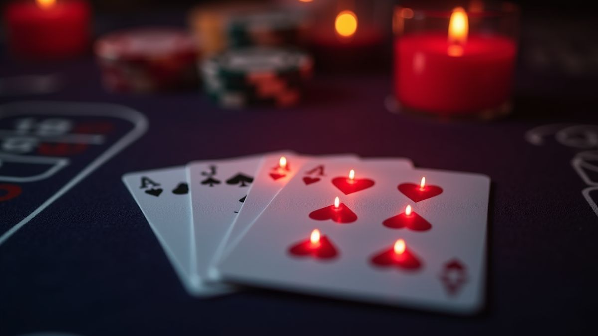 Eine Pokerhand mit einem Paar leuchtender Buben auf einem Casino-Tisch.