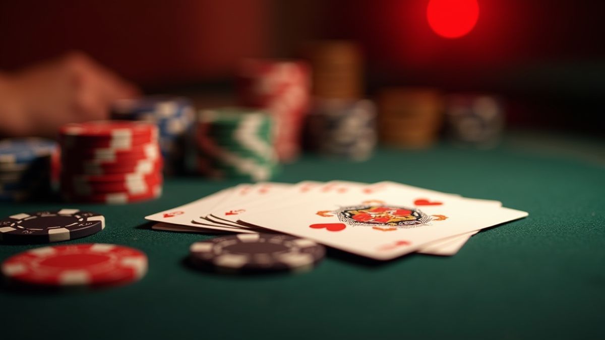Cartas de póker y fichas en una mesa de casino