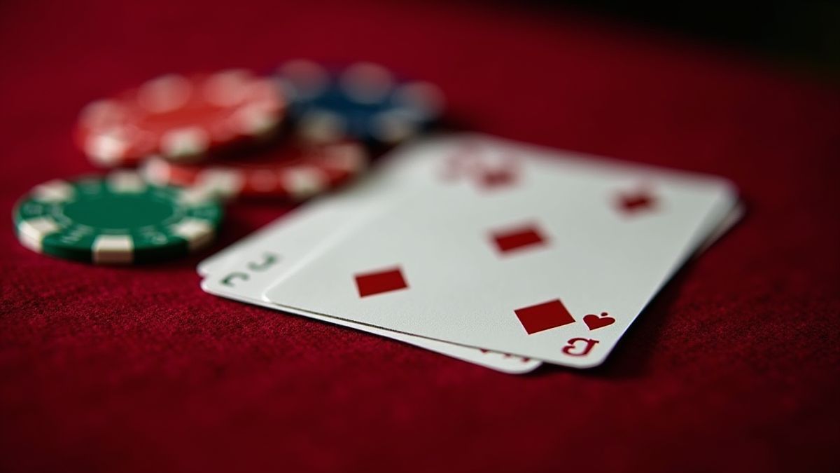 Mão de pôquer com Valetes e fichas sobre uma mesa de veludo