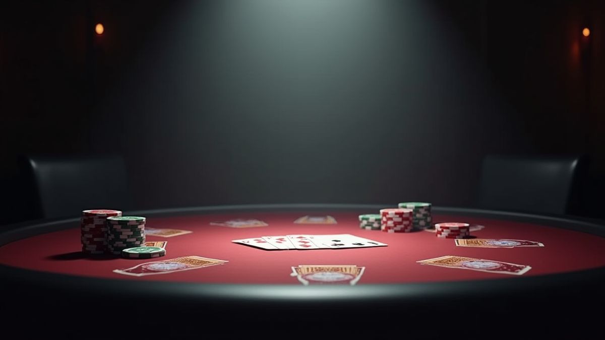 Geanimeerde pokertafel met kaarten en fiches onder een spotlight.