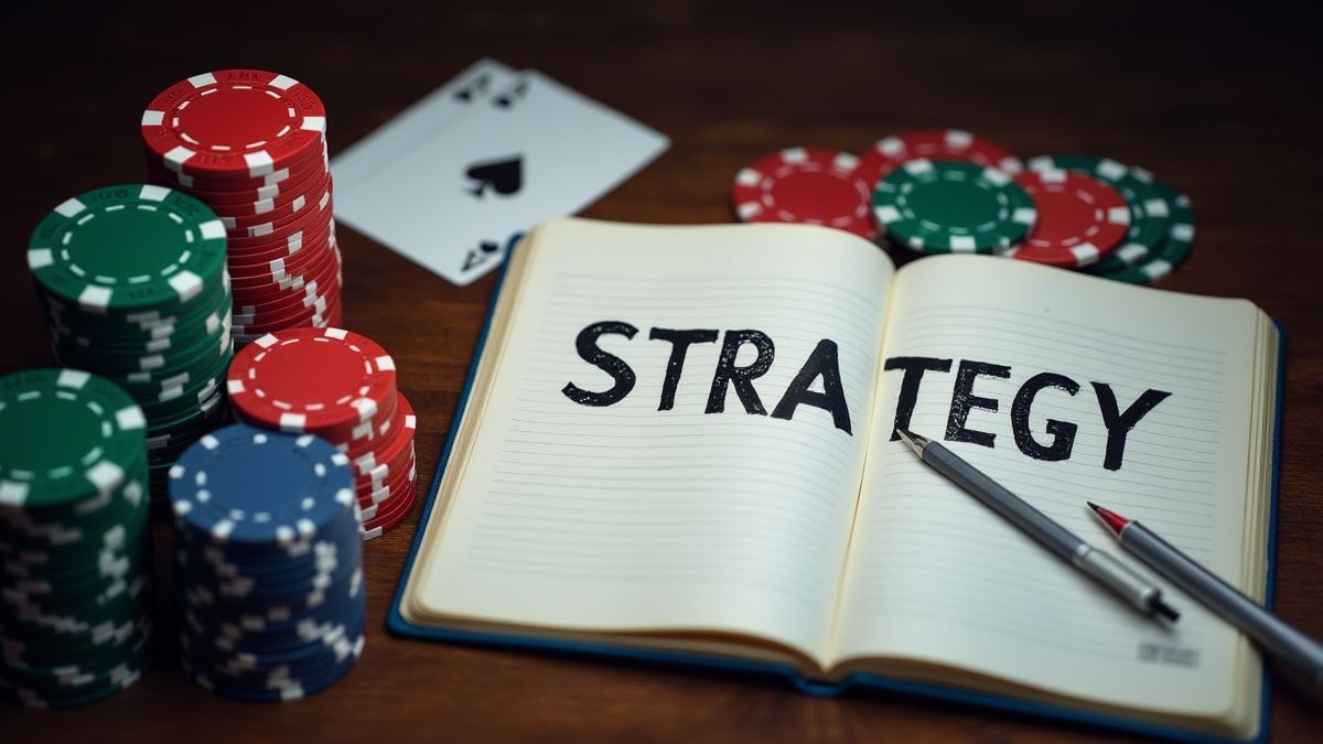 Cuaderno de estrategia junto a cartas y fichas de póker.