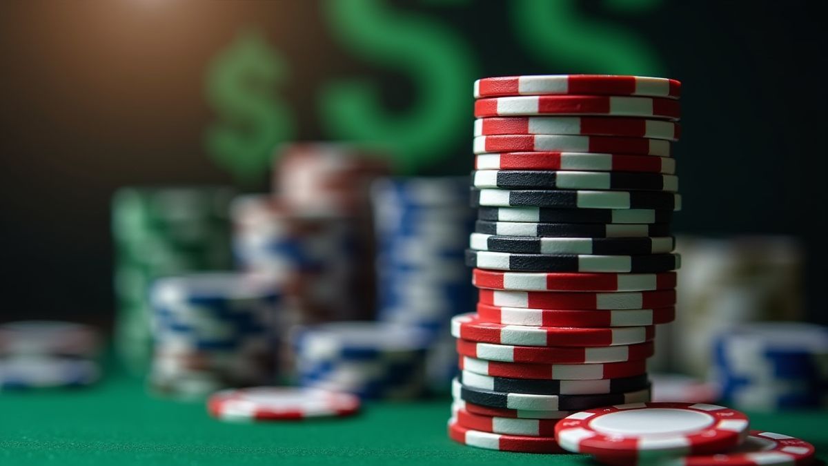 Fichas de póker apiladas con símbolos de dinero al fondo.