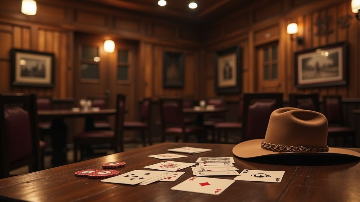 Um salão do Velho Oeste com cartas e chapéus de cowboy.