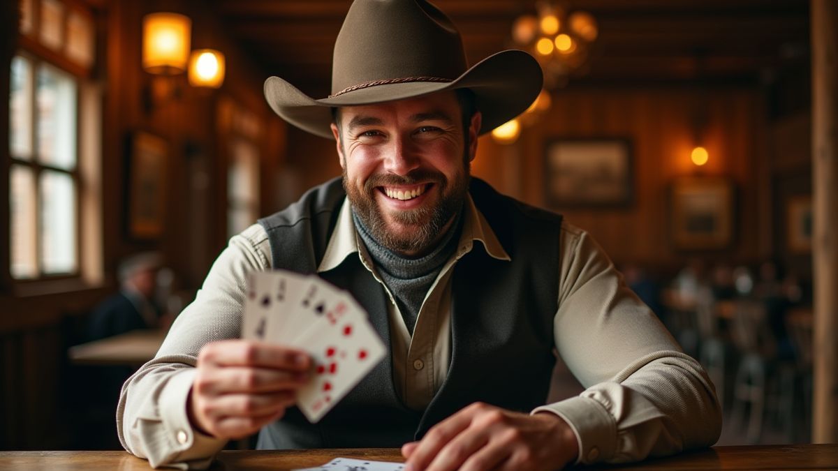 Um cowboy sorridente segurando cartas vencedoras no salão.