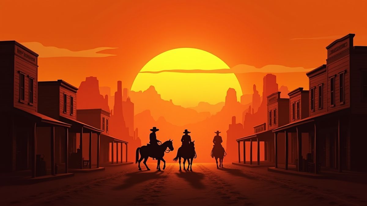 Um pôr do sol em uma cidade do Velho Oeste com silhuetas de edifícios e cowboys.