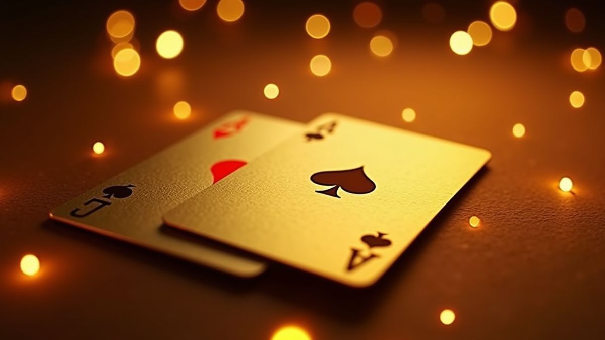 Cartas de póker doradas rodeadas de luces brillantes