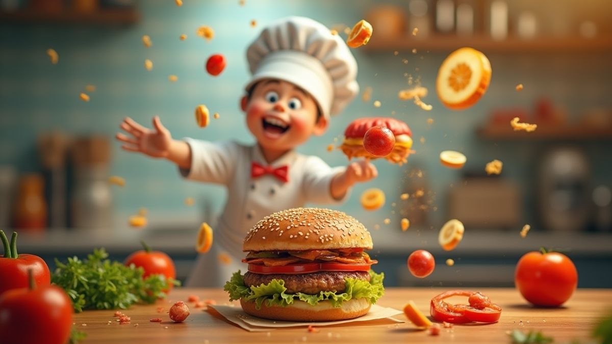 Spaßige Szene der Burgerkreation.