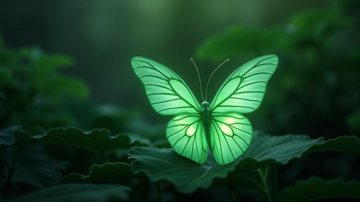 Mariposa de jade brillante en un jardín asiático.