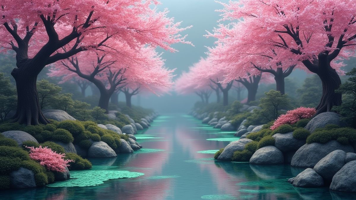 Jardín asiático con árboles de cerezo y piedras de jade.