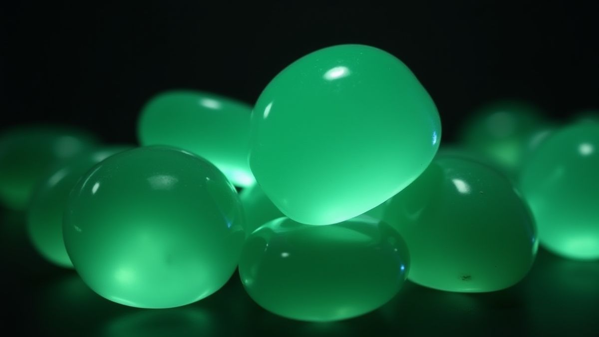 Representación artística de gemas de jade brillando suavemente.