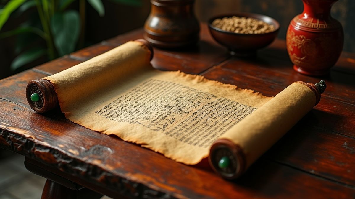 Un pergamino antiguo con grabados de jade sobre una mesa de madera rodeada de decoración oriental.