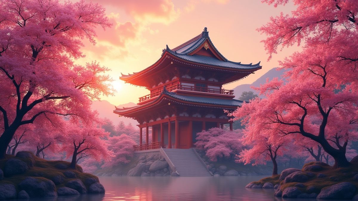 Un templo oriental místico rodeado de flores de cerezo durante el atardecer.